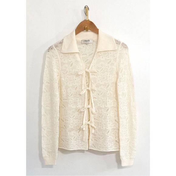 SEA New York Cream Tie-Front Nelle Lace Knit Cardigan - Picture 2 of 7